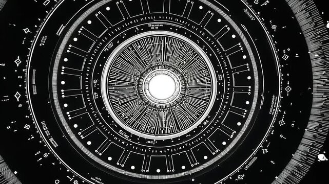 Abstract circular design featuring intricate patterns and celestial elements on a dark background