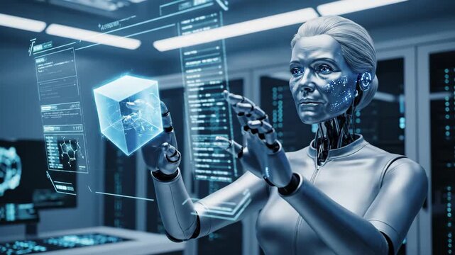 AI Woman Interacting with Holographic Data - A futuristic video of a female AI robot interacting with projected holographic interfaces in a high-tech setting.