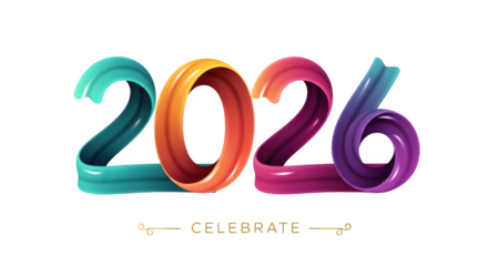 Colorful 2026 numbers with celebrate text isolated on transparent background