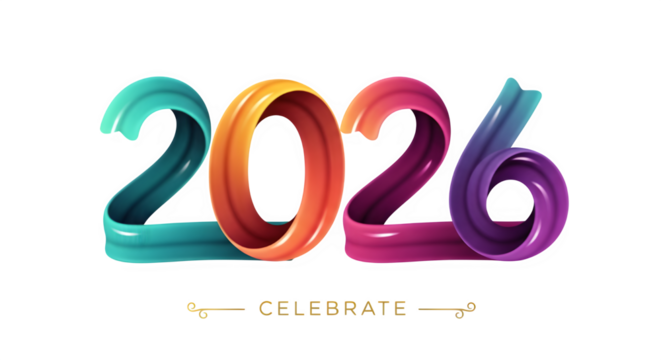 Colorful 2026 numbers with celebrate text isolated on transparent background