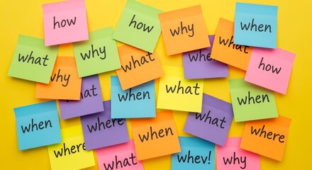 Dynamic visual of multiple colorful sticky notes inscribed with fundamental questions, illustrating the concept of inquiry, problem definition, and the pursuit of knowledge