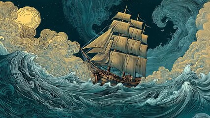 A majestic sailing ship battles tumultuous waves under a starry night sky with a glowing moon - Powered by Adobe