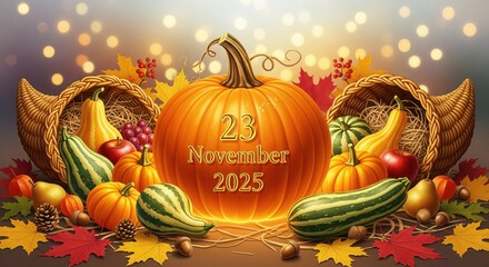 Thanksgiving harvest with pumpkin and cornucopia, 23 november 2025
