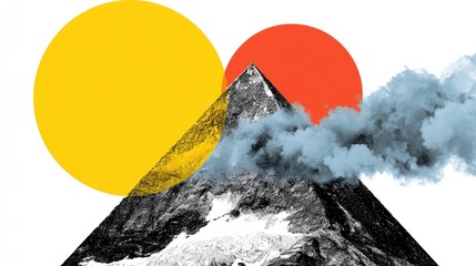 A mountain peak with a red sun and a yellow moon in the background.