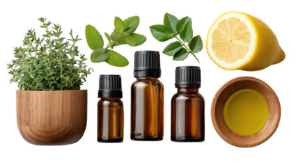 Essential oils, herbs, and lemon arrangement