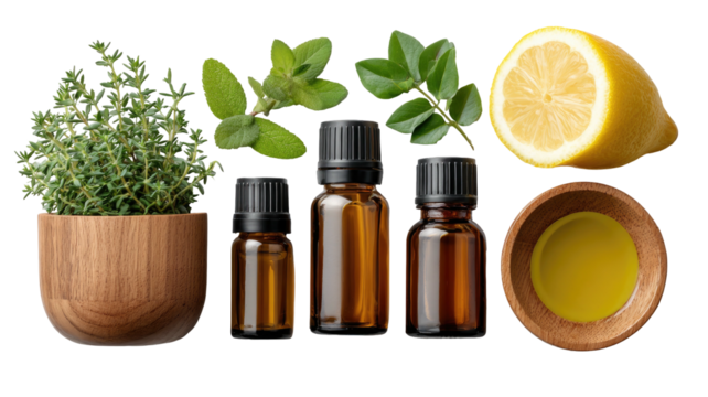 Essential oils, herbs, and lemon arrangement