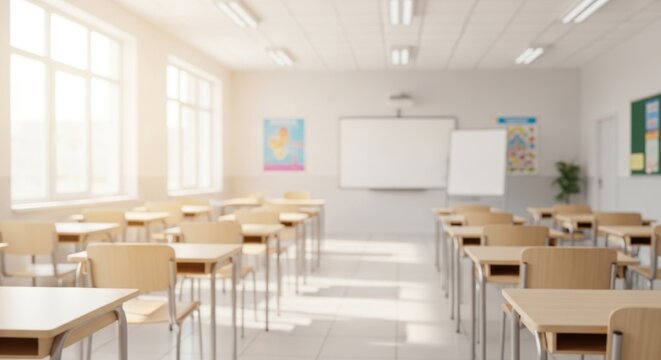 A classroom with desks and chairs, a whiteboard, and a window.