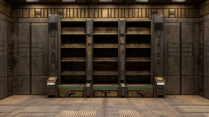 Empty industrial sci fi storage shelves inside a futuristic metal room with detailed textures and atmospheric lighting.
