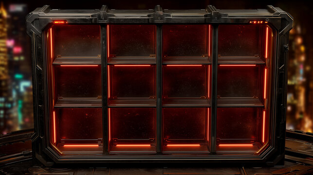 Futuristic sci fi display case with glowing red lights, black metal frame, and tech design, set against a blurry cityscape background.