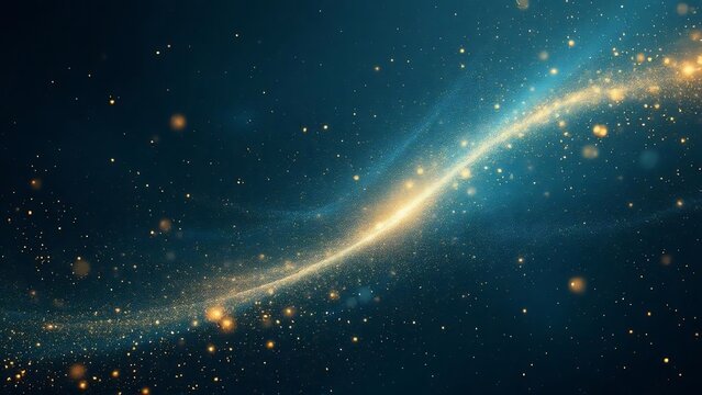 Abstract shimmering blue and gold particles creating a wave-like pattern on a dark background