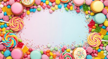 A colorful array of sweets and candies on a pastel background.