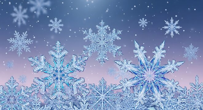 Delicate snowflakes falling on a dreamy purple sky, perfect for winter wonderlands and holiday magic, create a stunning festive atmosphere