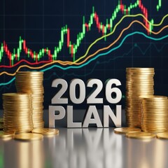 Financial 2026 plan with growing coin stacks and stock market candlestick chart display