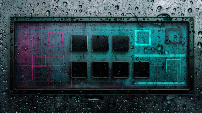 Close-up of a futuristic waterproof control panel with neon lights and geometric shapes, covered in water droplets.
