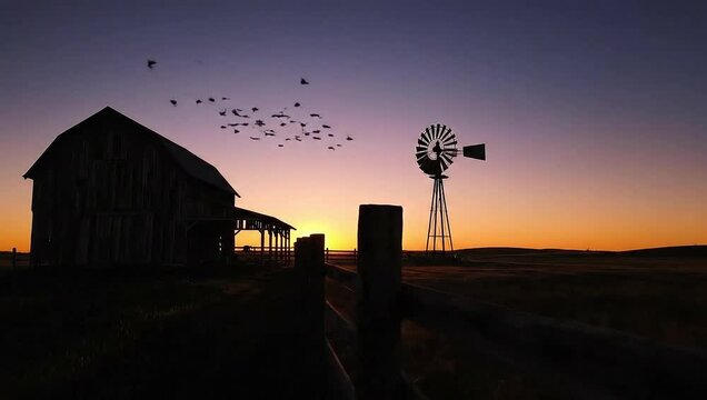 national farmers day rural farm sunset silhouette barn windmill