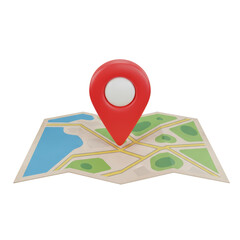 Stylized map marker hovering above a generic geographical layout illustration with transparent