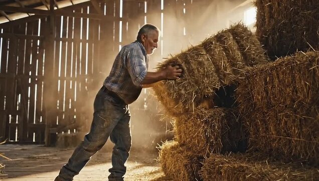 national farmers day farmer stacking hay bales in rustic barn