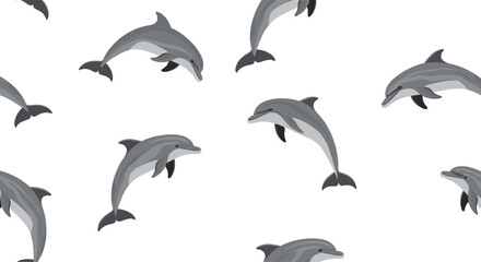 Seamless pattern of playful gray dolphins leaping and swimming on a white background.