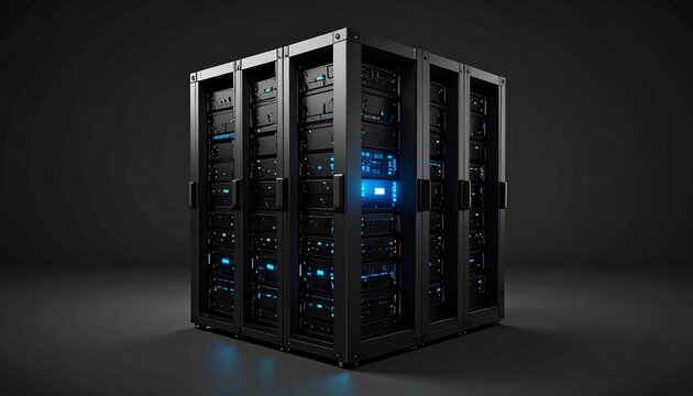 A server rack with multiple servers is illuminated with blue lights, standing in a dark, neutral space.