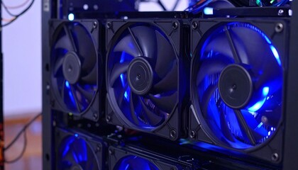 Close-up of a computer case with glowing blue cooling fans.