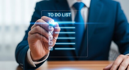 Businessman marking tasks on a digital todo list with a glowing blue pen
