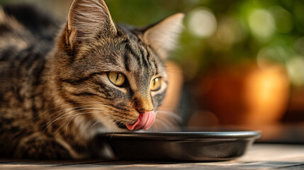 A tabby cat licking its lips near a black bowl with a blurred background in a close up shot outside