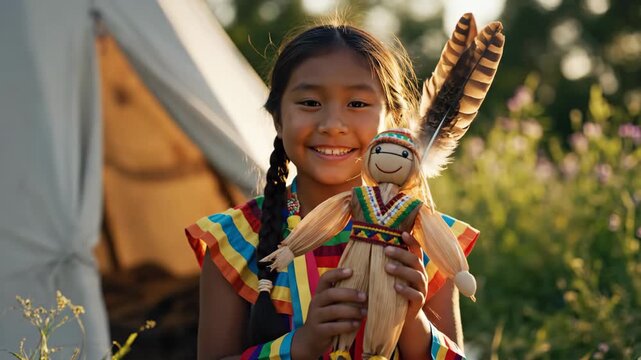 Young Indigenous Girl Holding Doll and Feather - A smiling young girl of indigenous descent holds a handcrafted doll and a large feather, set against a backdrop of a teepee and a field of flowers.