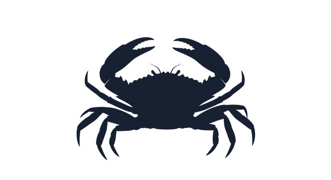 A minimalist dark blue silhouette of a crab on a white background.