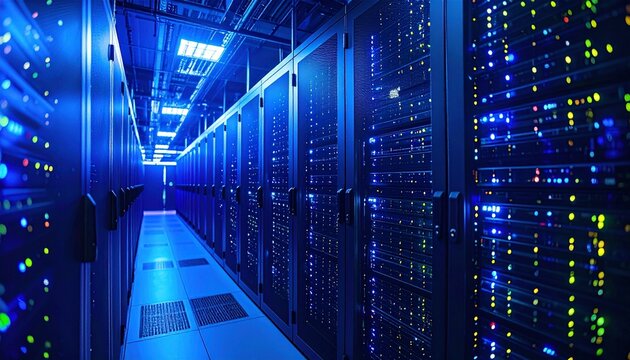 Server room with rows of computer servers blinking with lights, illuminated in blue.