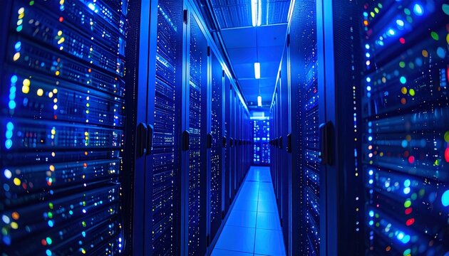 A server room with rows of computer servers and blinking lights, illuminated in blue.