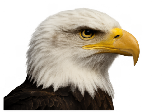 Bald eagle head close-up showing detail of its eye and beak, symbolizing freedom and strength, transparent background