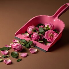 Delicate pink roses and petals gracefully spill from a vibrant pink dustpan, symbolizing tenderness and beauty.