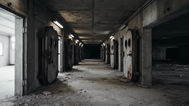 Abandoned Bunker Corridor - An eerie, decaying corridor featuring multiple heavy doors with porthole windows.