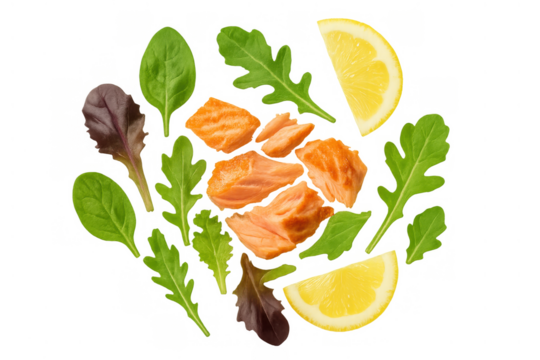 Salmon pieces and fresh salad leaves with lemon slices floating, healthy eating concept on transparent background