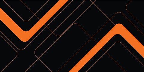 Black abstract wide horizontal banner with orange and gray lines, arrows and angles. Dark modern sporty bright futuristic abstract background. Wide vector