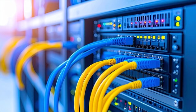 Close-up of a server rack with blue and yellow ethernet cables connected to the network equipment.