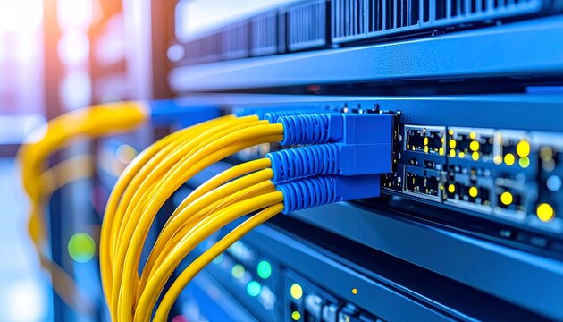 Close-up of yellow and blue network cables connected to a server rack in a data center. - Powered by Adobe