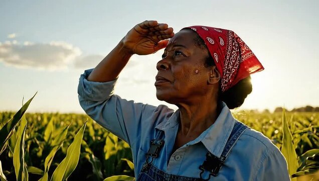 national farmers day dedicated woman farmer observes cornfield at sunset