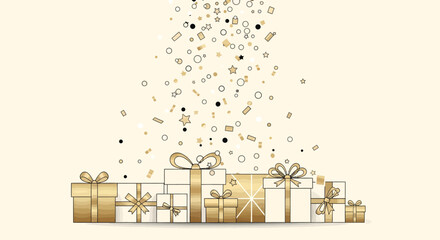 Elegant golden gift boxes with falling confetti on a light background, symbolizing celebration and joy.