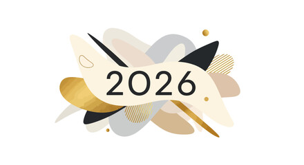 A modern abstract design featuring the year 2026 with organic shapes in gold, black, beige, and grey.