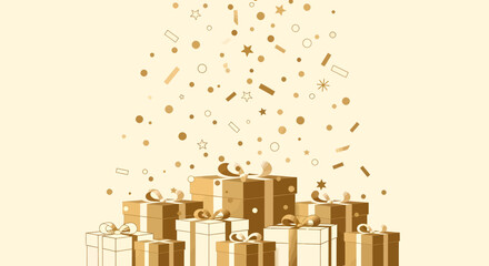 Golden gift boxes piled up with falling confetti and stars, celebrating a special occasion or event.