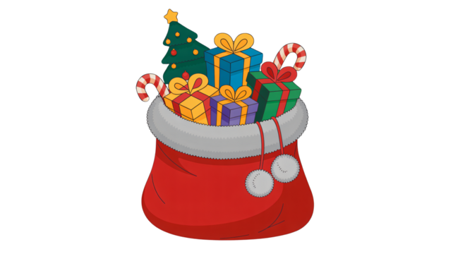 Santa's overflowing bag bursting with festive gifts and a charming Christmas tree - Powered by Adobe