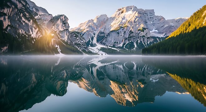 Majestic mountain range reflected in a serene alpine lake at sunrise - Powered by Adobe