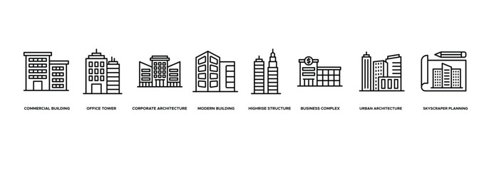 Banner Commercial Building Design icon. Commercial Building, Office Tower,  Corporate Architecture, Modern Building, Highrise Structure, Business Complex, Urban Architecture, Skyscraper Planning 