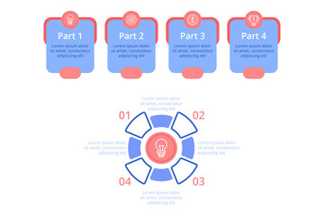 Infographic with four sections labeled one to four, illustrating various concepts with icons. Design focusing on visual clarity and organized information to enhance understanding