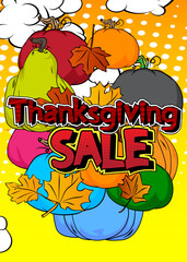 Thanksgiving Sale with pumpkin and Autumn leaves. Modern creative pop art vibrant comic book style text. Cartoon design.