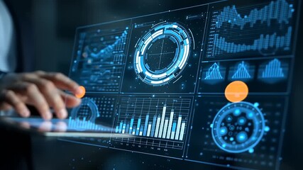 Business professional interacting with futuristic data analytics interface in a modern office environment - Powered by Adobe