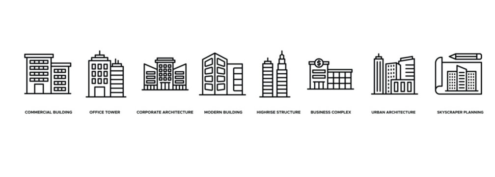 Banner Commercial Building Design icon. Commercial Building, Office Tower,  Corporate Architecture, Modern Building, Highrise Structure, Business Complex, Urban Architecture, Skyscraper Planning 