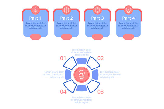Infographic with four sections labeled one to four, illustrating various concepts with icons. Design focusing on visual clarity and organized information to enhance understanding