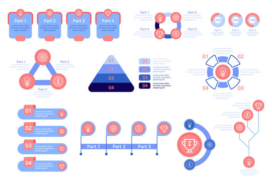 Infographic set presenting various data visualizations, including charts and diagrams, effectively breaking down information into simple, engaging graphics for better understanding